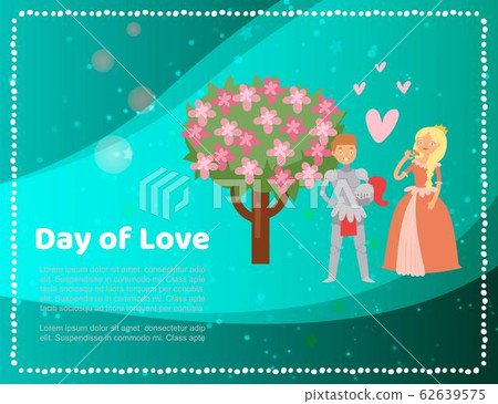 Cute medieval princess lady and knight love day with blosom tree and hearts cartoon vector illustration. Cute medieval princess lady and knight love day with blosom tree and hearts cartoon vector illustration. 62639575