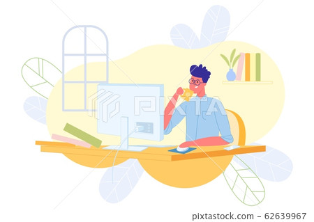 Freelance Programmer Works at Computer, Cartoon. 62639967