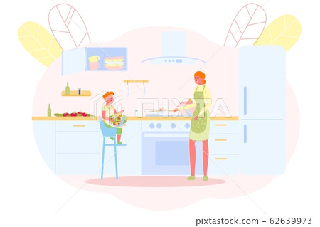 Mother Cooks with her Son in Spacious Kitchen. Mother Cooks with her Son in Spacious Kitchen. 62639973