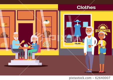 Senior couple in shopping center, elderly people in romantic cafe, vector illustration Senior couple in shopping center, elderly people in romantic cafe, vector illustration 62640007
