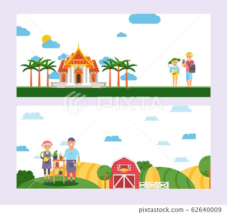 Elderly couple people traveling and farming, happy pensioners enjoying retirement together, vector illustration Elderly couple people traveling and farming, happy pensioners enjoying retirement together, vector illustration 62640009