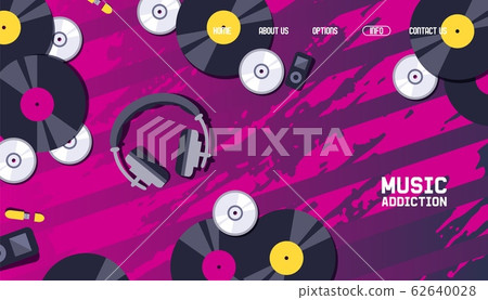 Music website design, vinyl record discs and headphones on abstract background, vector illustration 62640028