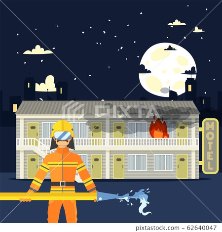 Firefighter man with water hose at burning motel, emergency service in flat cartoon style, vector illustration 62640047