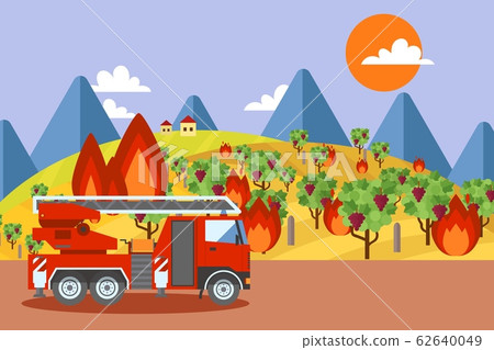Fire truck at burning vineyard, wildfire disaster emergency situation, vector illustration Fire truck at burning vineyard, wildfire disaster emergency situation, vector illustration 62640049