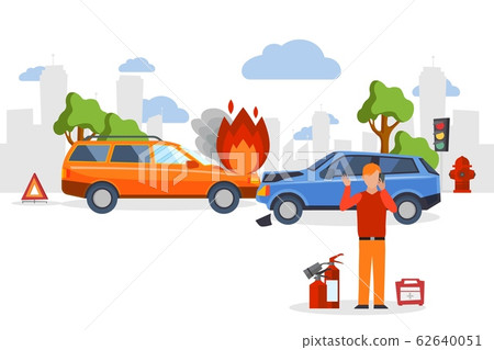 Car accident insurance, road crash in flat cartoon style, man calling for emergency help, vector illustration Car accident insurance, road crash in flat cartoon style, man calling for emergency help, vector illustration 62640051