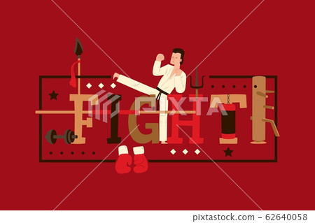 Martial arts typography poster, karate fighter cartoon character in traditional gi uniform, vector illustration Martial arts typography poster, karate fighter cartoon character in traditional gi uniform, vector illustration 62640058