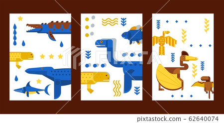 Dinosaur prehistoric animal on banner set in simple geometric cartoon style, vector illustration 62640074