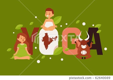 Yoga for everyone, typography poster with people and cow, woman and baby meditating, vector illustration Yoga for everyone, typography poster with people and cow, woman and baby meditating, vector illustration 62640089