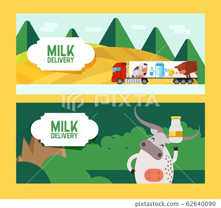 Milk and dairy products delivery, farm food banner in flat style, truck and cow, vector illustration Milk and dairy products delivery, farm food banner in flat style, truck and cow, vector illustration 62640090