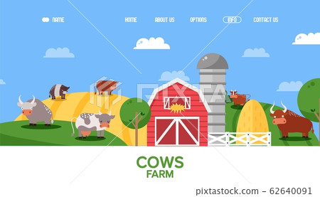 Cow farm website, farmland animals in flat style landscape, cattle cartoon characters, vector illustration Cow farm website, farmland animals in flat style landscape, cattle cartoon characters, vector illustration 62640091