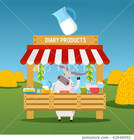 Cow selling dairy products at market stall, healthy organic farm food, vector illustration Cow selling dairy products at market stall, healthy organic farm food, vector illustration 62640092