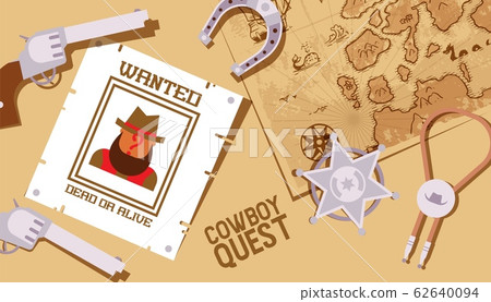 Cowboy quest, Wild West game, sheriff star and American western symbols, vector illustration 62640094