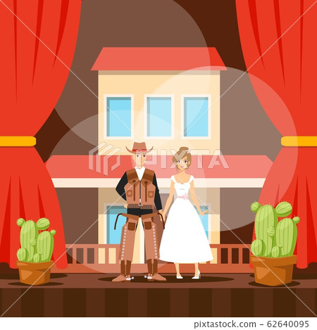Cowboy on stage, American western theater performance, man and woman actors, people vector illustration Cowboy on stage, American western theater performance, man and woman actors, people vector illustration 62640095