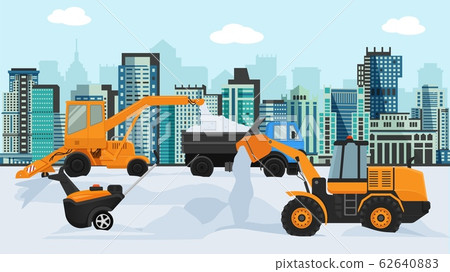 Different machines in winter removing snow vector illustration. Big and small wheeled snow blowers, lorry, tipper truck. City buildings megapolis background. 62640883