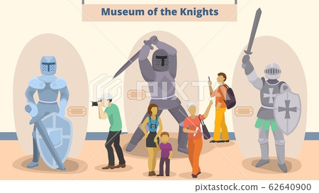 Museum of knights vector illustration. Different people visitors to museum exposition of medieval knighthood chivalry. Family educational pastime, sightseeing. 62640900