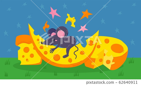 Mouse sleeping on cheese vector illustration flat style. Cute little cartoon mouse fluffy rodent animal character lying dreaming on cheese slice at night. 62640911