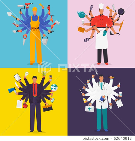 Busy men with many hands in working suits with twelve hands holding instruments vector illustration. Busy men with many hands in working suits with twelve hands holding instruments vector illustration. 62640912
