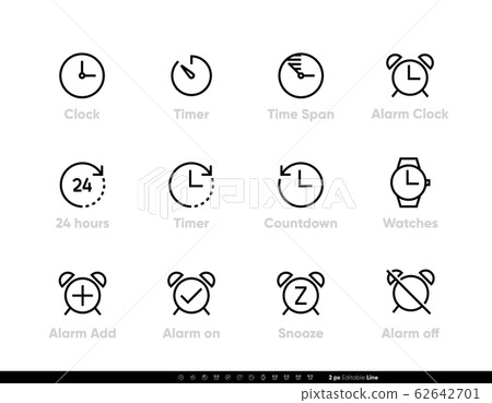 Clock and Timer, Alarm and Watch icons vector set. Editable line illustration. 62642701