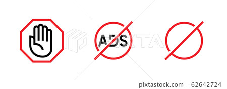 Stop ADS, Red Sign, Open Hand Raised vector icon set isolated on white background. Stop ADS, Red Sign, Open Hand Raised vector icon set isolated on white background. 62642724