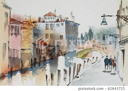 European town watercolor painting landscape... - Stock Illustration ...