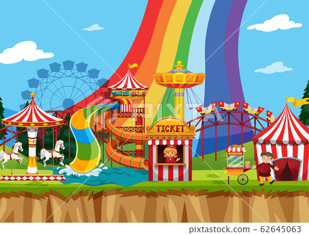 Circus scene with many rides in the field - Stock Illustration ...