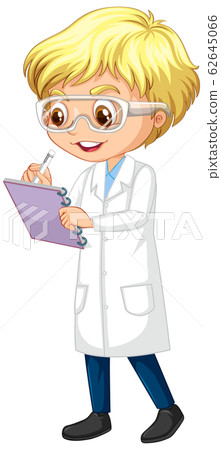Boy in science uniform writing on white background 62645066