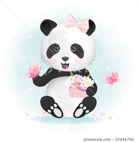 Cute Panda With Butterfly And Flower Basket Hand Stock Illustration 62646788 Pixta