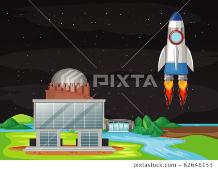 Scene with spaceship flying in the sky - Stock Illustration [62648133 ...