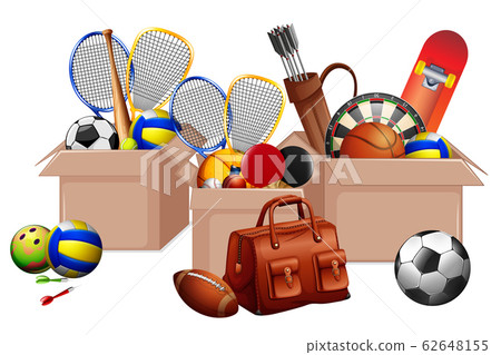 Three boxes full of sport equipments on white 62648155