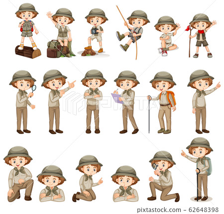 Set of girl in safari costume doing different Set of girl in safari costume doing different 62648398