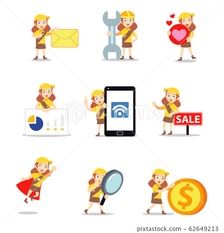 Set character of wilderness explorer woman takes some photo of wild animals in the forest. Set character of wilderness explorer woman takes some photo of wild animals in the forest. 62649213