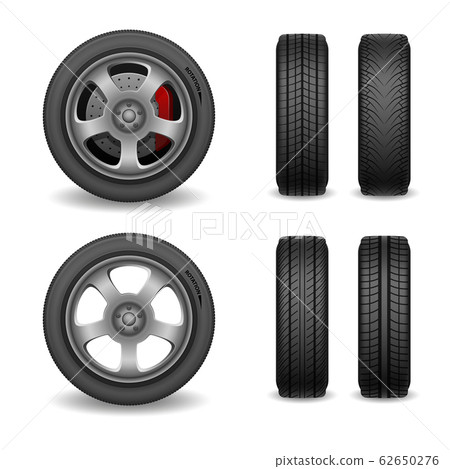 Realistic vector wheel and tires set. Car tires with different tread marks. Vector wheel with brake gear isolated on white. vector illustration Realistic vector wheel and tires set. Car tires with different tread marks. Vector wheel with brake gear isolated on white. vector illustration 62650276