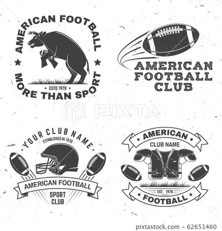 Set of american football or rugby club badge. Vector for shirt, logo, print, stamp, patch. Vintage design with bull, american football sportsman player, helmet, ball and shoulder pads silhouette