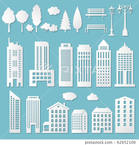 Paper house. White origami cut cardboard buildings with shadows vector silhouettes of papercut town 62652100