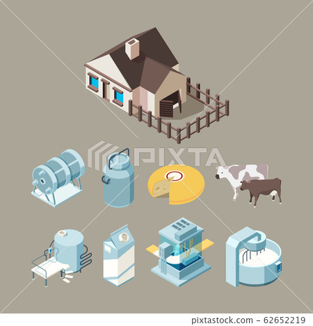 Milk food factory. Dairy healthy farm products cheese milk yogurt production technology vector isometric Milk food factory. Dairy healthy farm products cheese milk yogurt production technology vector isometric 62652219