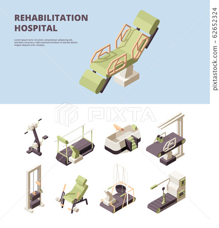 Rehabilitation hospital. Healthcare center doctor showing exercise for disabled person physician assistant vector isometric 62652324