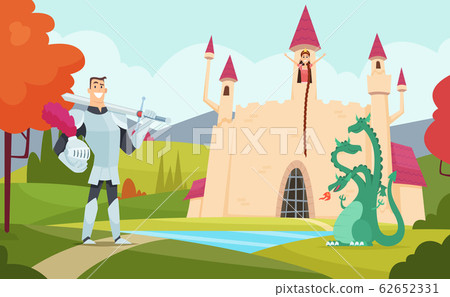 Fairy tale background. Outdoor fantasy landscape with funny magical characters vector cartoon world Fairy tale background. Outdoor fantasy landscape with funny magical characters vector cartoon world 62652331