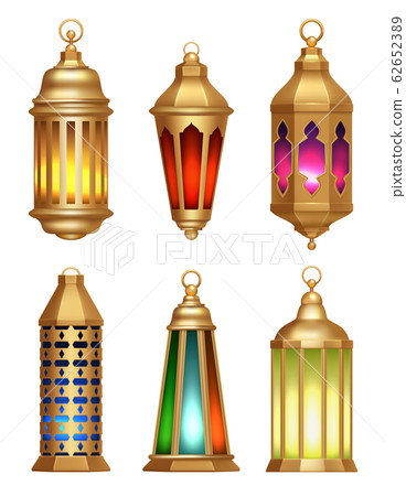 Islamic lamps. Ramadan lanterns arabic vintage golden lighting lamps vector realistic pictures Islamic lamps. Ramadan lanterns arabic vintage golden lighting lamps vector realistic pictures 62652389