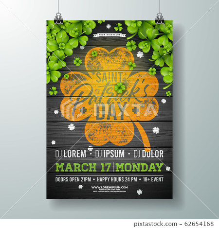 Saint Patrick's Day Celebration Party Flyer Illustration with Clover and Typography Letter on Vintage Wood Background. Vector Irish Lucky Holiday Design for Poster, Banner or Invitation. Saint Patrick's Day Celebration Party Flyer Illustration with Clover and Typography Letter on Vintage Wood Background. Vector Irish Lucky Holiday Design for Poster, Banner or Invitation. 62654168