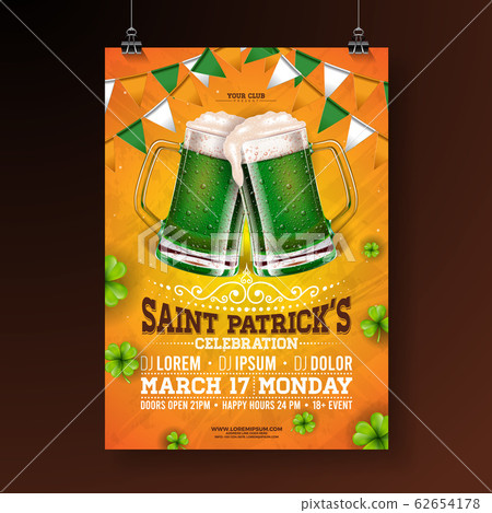 Saint Patricks Day Party Flyer Illustration with Green Beer, Flag and Clover on Orange Background. Vector Irish Lucky Holiday Design for Celebration Poster, Banner or Invitation. Saint Patricks Day Party Flyer Illustration with Green Beer, Flag and Clover on Orange Background. Vector Irish Lucky Holiday Design for Celebration Poster, Banner or Invitation. 62654178