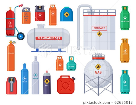 Gas storage. Oxygen, oil cylinders tank and containers. Home and industrial petroleum industry equipment. Bottles and canister vector icons 62655012