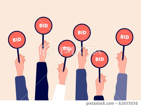 Auction bidding. Hands holding bids. Sale and buyers, business competitors on financial auctioneer. Flat arm with tablet vector illustration Auction bidding. Hands holding bids. Sale and buyers, business competitors on financial auctioneer. Flat arm with tablet vector illustration 62655038