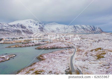 Aerial view of bridge and road in Lofoten islands, 62655967