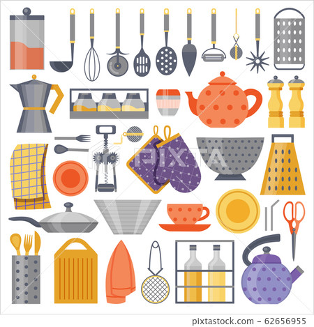 Kitchenware and Cooking Tool Flat Elements Set - Stock Illustration ...