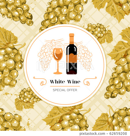 White wine label. White grape seamless pattern. White wine bottle and glass icon. Eps10 Vector illustration 62659208