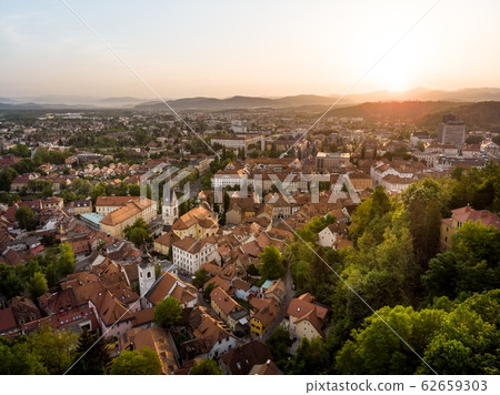 Aerial view of old medieval city center of Ljubljana, capital of Slovenia. Aerial view of old medieval city center of Ljubljana, capital of Slovenia. 62659303