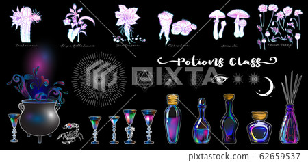 Clip art, set of elements for potions class with cauldron, wine glasses, bottles, magician plants Clip art, set of elements for potions class with cauldron, wine glasses, bottles, magician plants 62659537