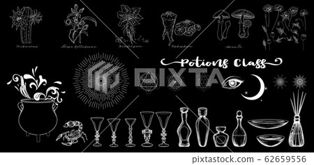 Clip art, set of elements for potions class with cauldron 62659556