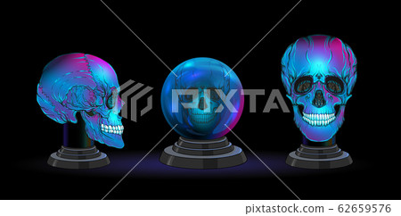 Set of magic ball and human skulls for witchcraft. Set of magic ball and human skulls for witchcraft. 62659576