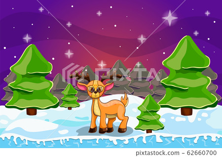 Winter landscape with Christmas tree and deer - Stock Illustration ...